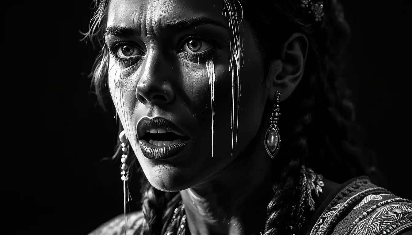 Terrified Mexica mother in stark black and white portrait