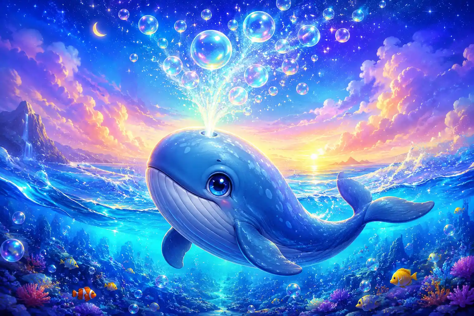 Cute baby blue whale blowing glowing bubbles underwater