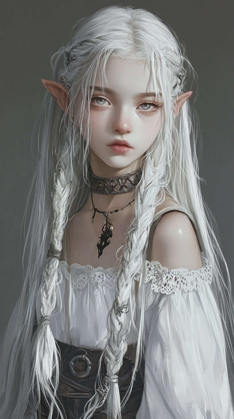 Stoisches Elfenmädchen in geschichteter tribal-inspirierter Fantasy-Kleidung