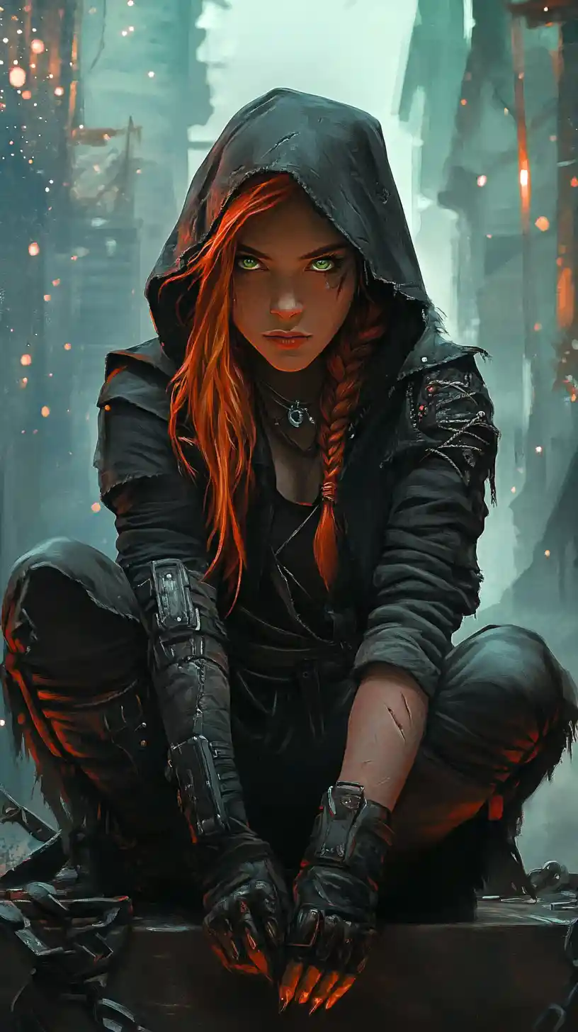 Rogue girl crouching on ruined ledge in dark city