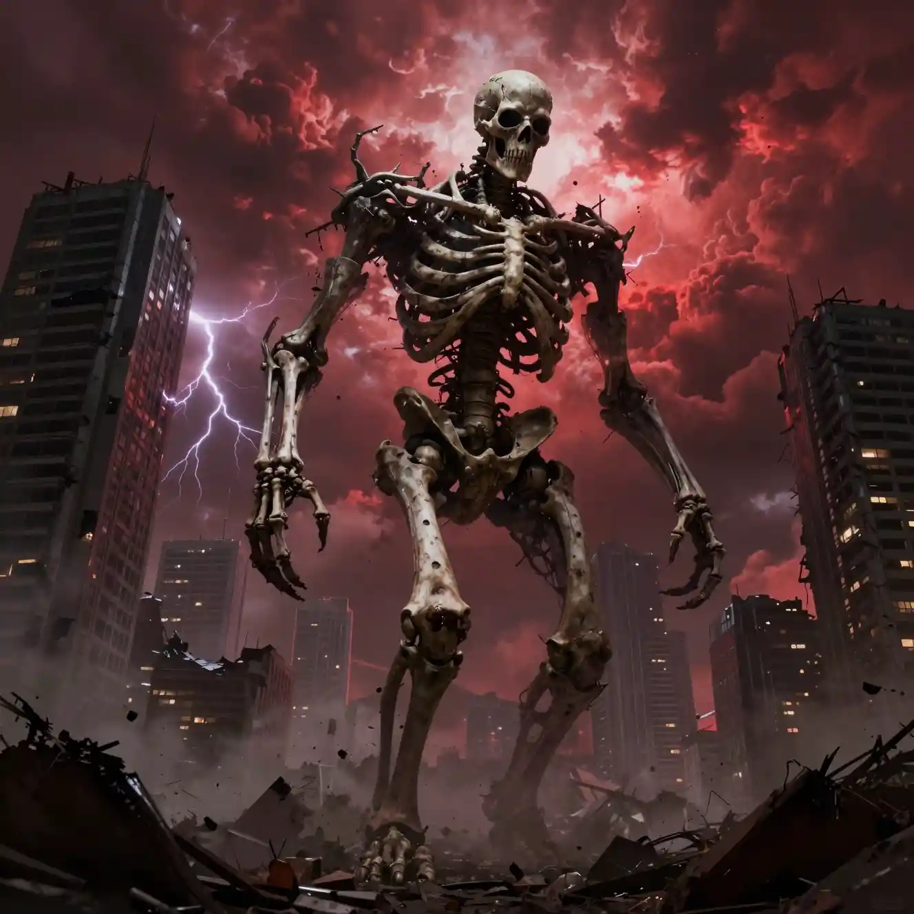 Gigantic Skeletal Titan Stalking Through A Ruined City