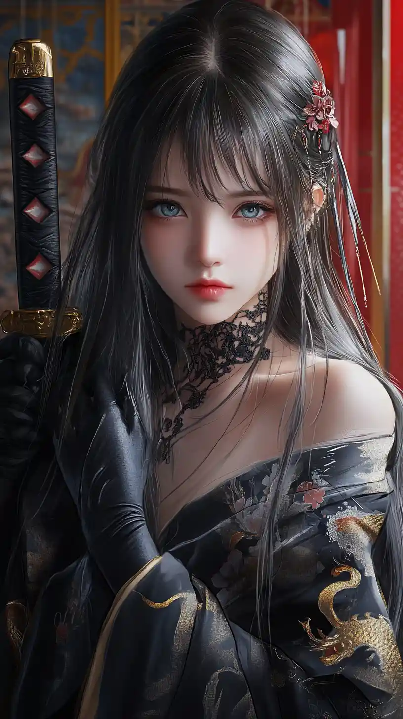 Tattooed anime girl in black kimono with katana