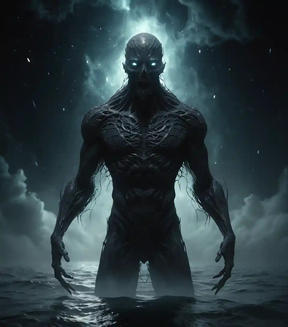 Ancient cosmic monster rising from a black ocean