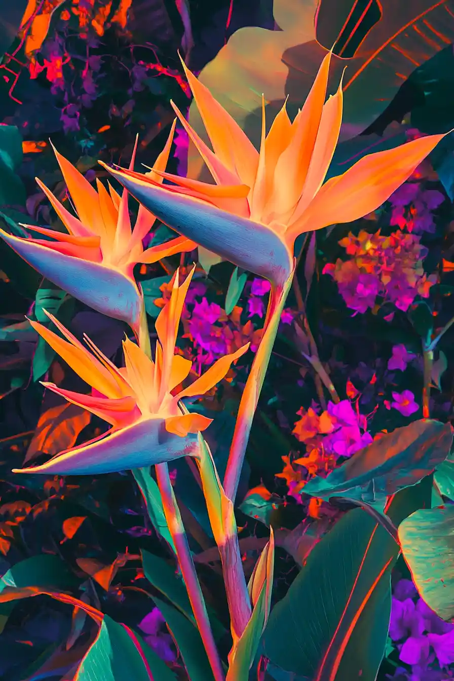 Romantische malerische Szene mit Paradiesvogelblumen