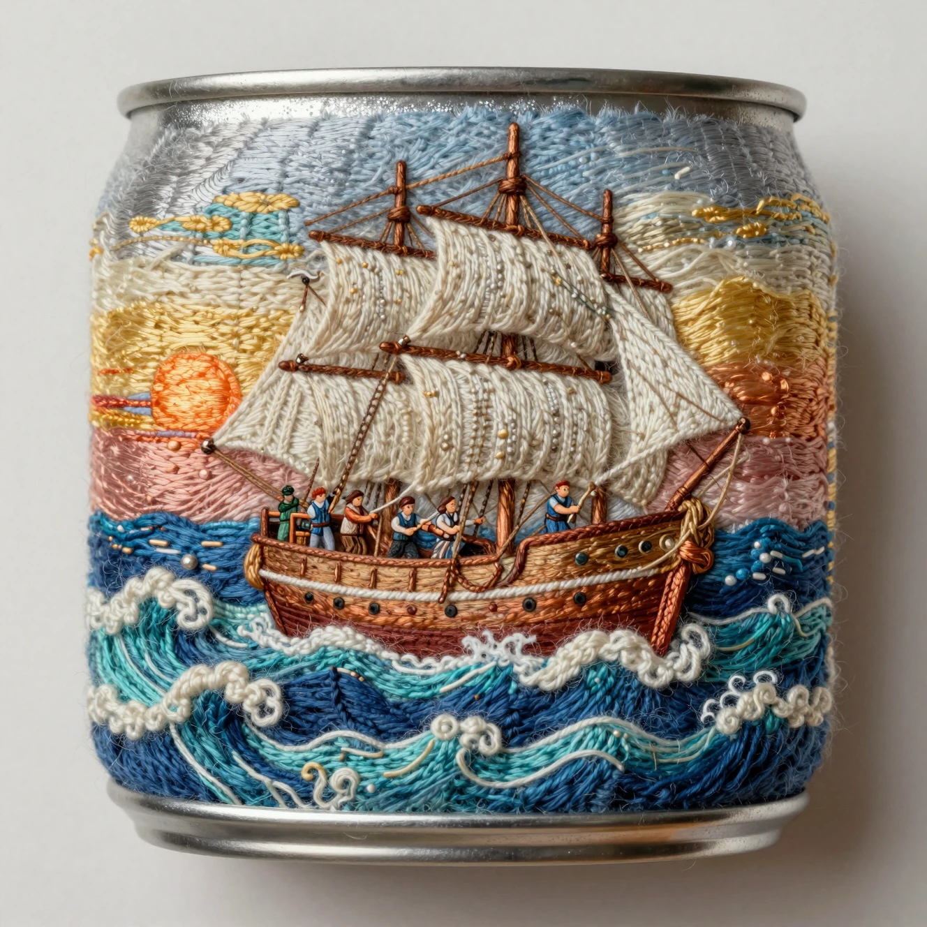 Barco de vela de lana en un mar de latas de refresco vintage