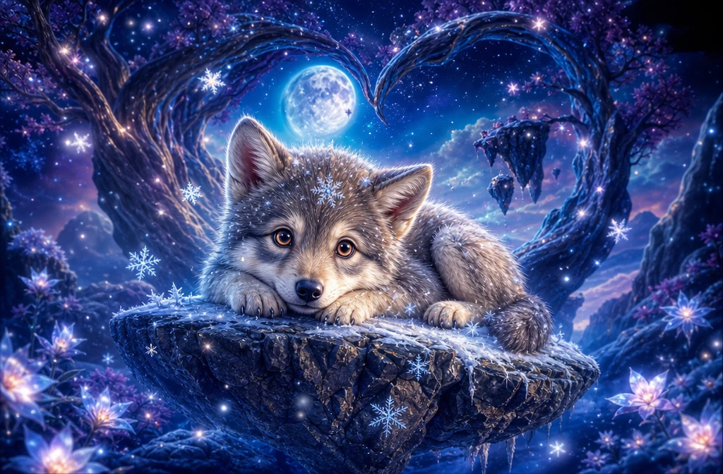 Baby wolf resting on a floating moonlit rock