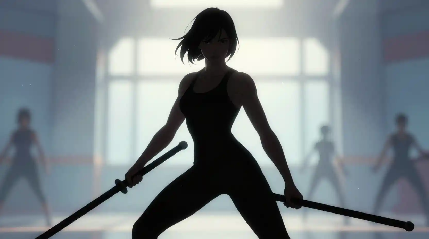 Backlit warrior woman silhouette with staff in training hall