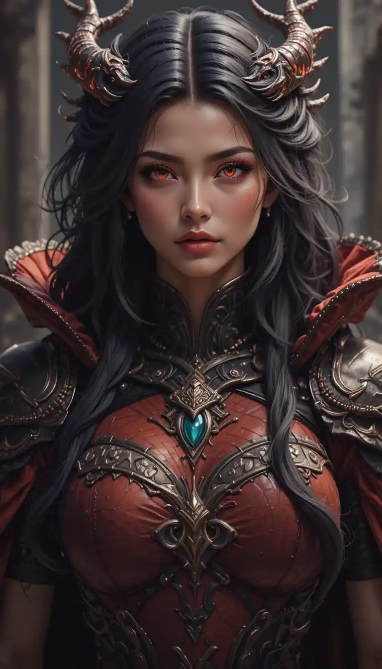Muscular dragon woman in dark red armored anime fantasy