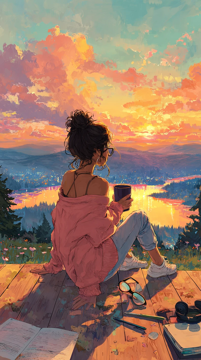Joven mujer relajándose en la terraza con vista al lago al atardecer