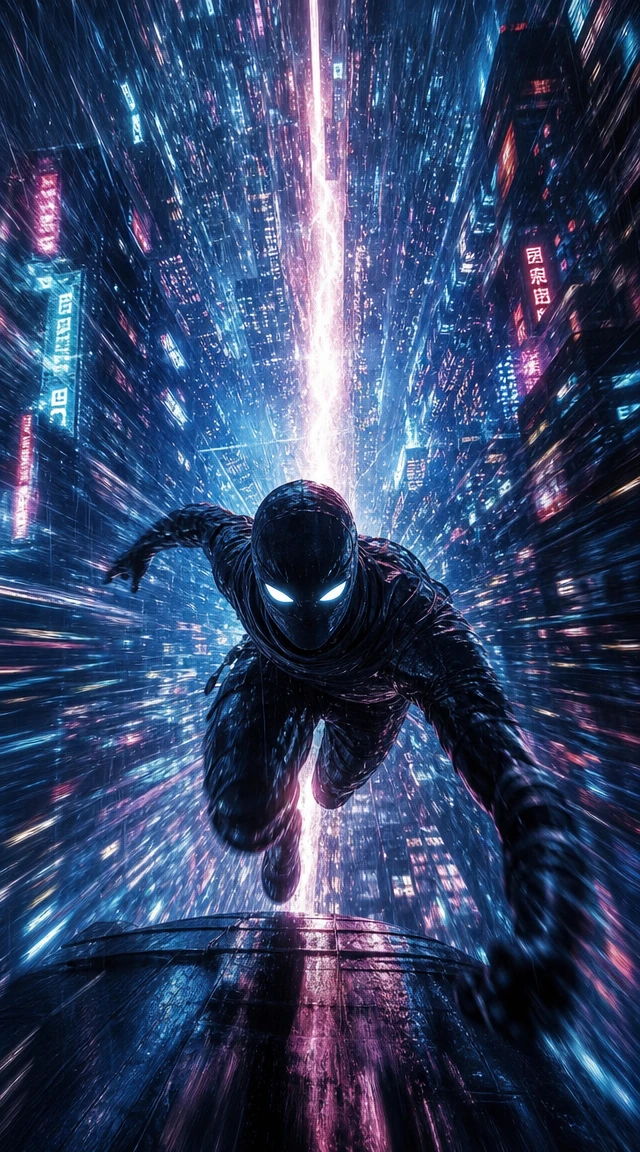 Masked runner across neon city rooftops in a storm