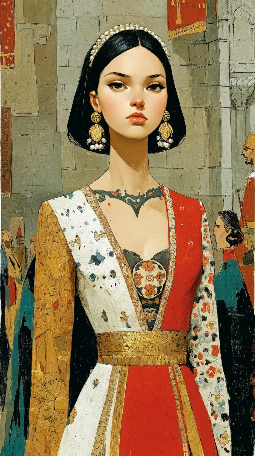 Medieval noblewoman with ornate chest tattoo in grand hall