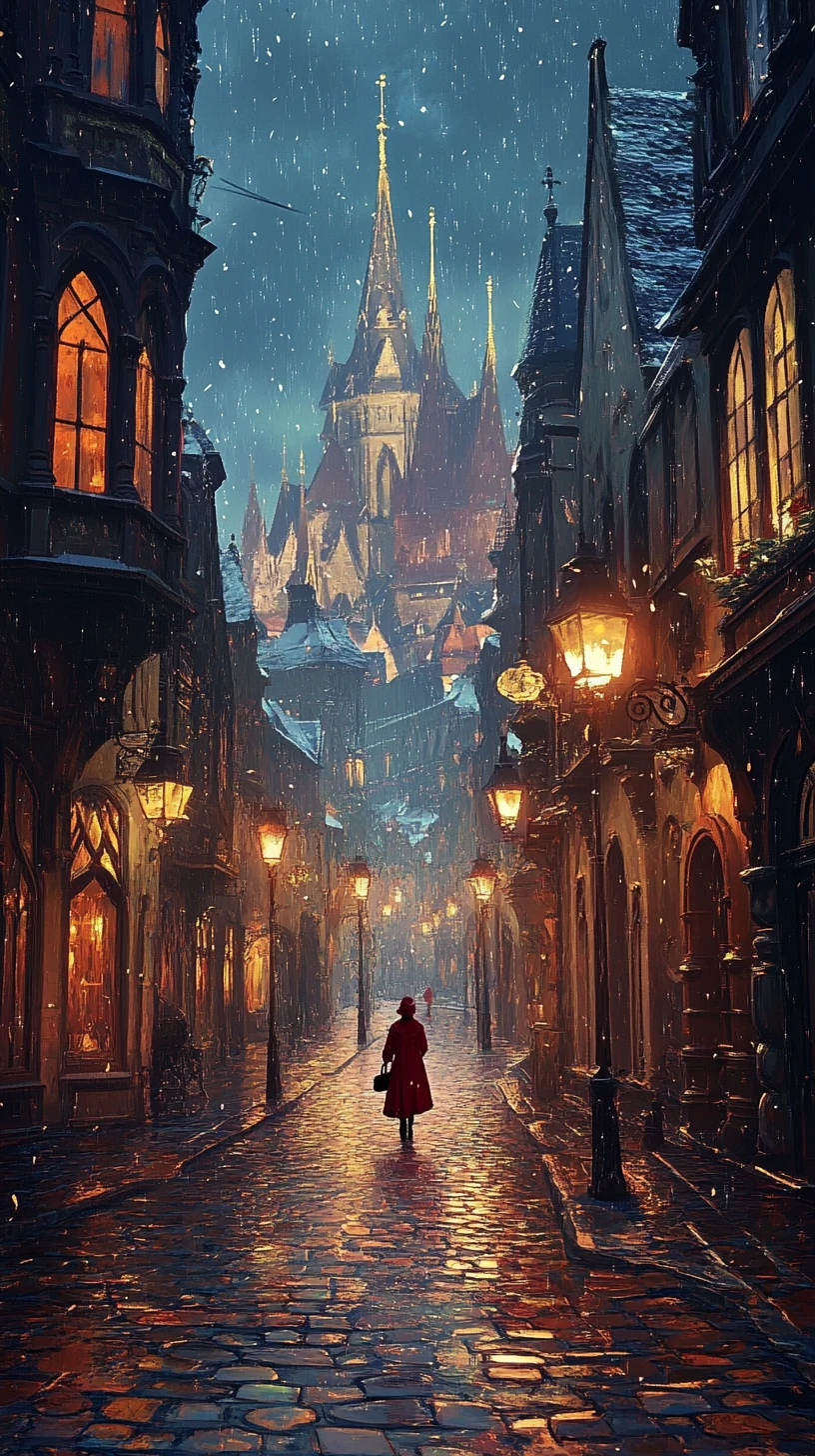 Enchanted cobblestone street leading to a distant fairy tale castle