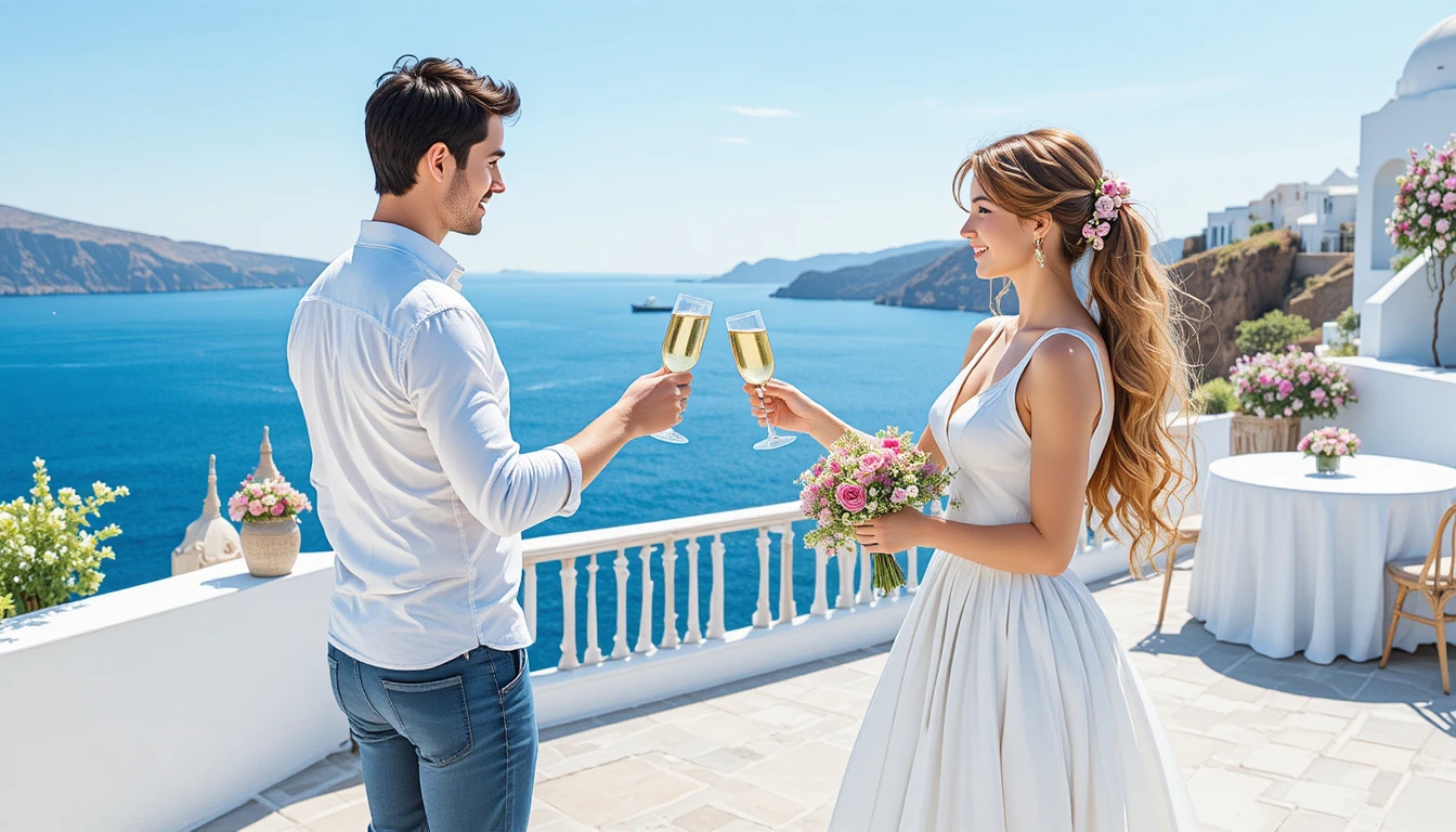 Watercolor couple toasting on oceanfront wedding terrace