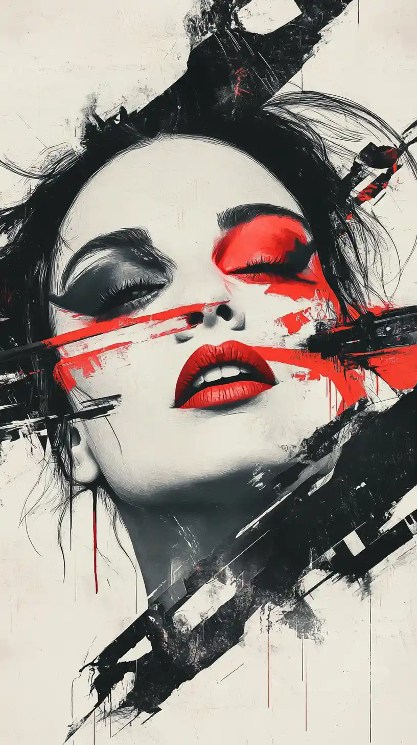 Sinister white faced woman with bleeding red smile