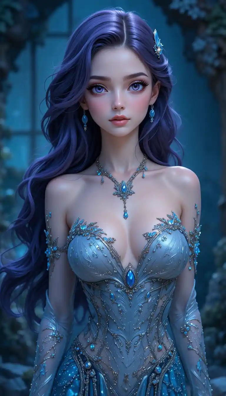 Elegant violet haired mermaid nymph in flowing oceanic attire