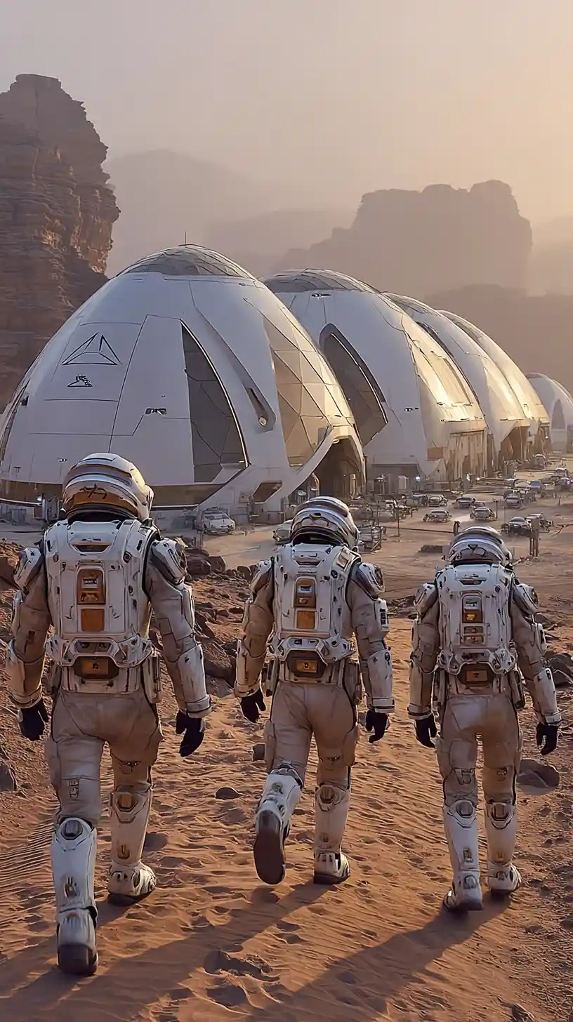 Astronauten nähern sich futuristischer Mars-Siedlung im Sonnenaufgang