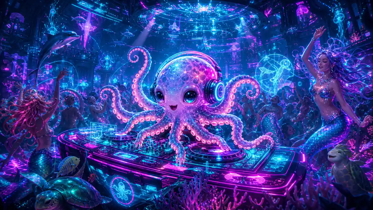 Cute baby octopus dj in neon underwater dance club