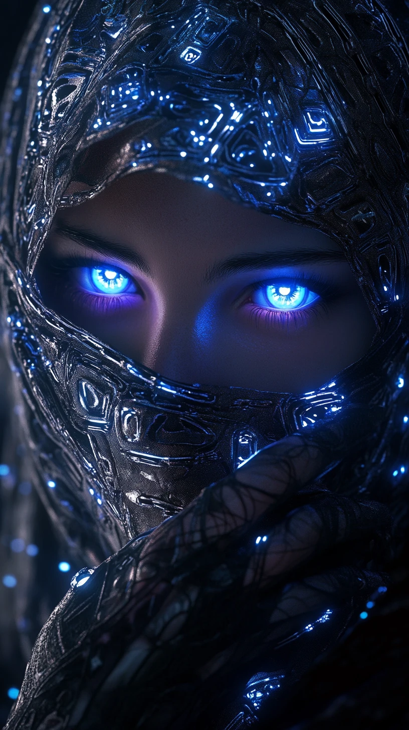 Veiled cyberpunk woman with glowing blue crystalline eyes