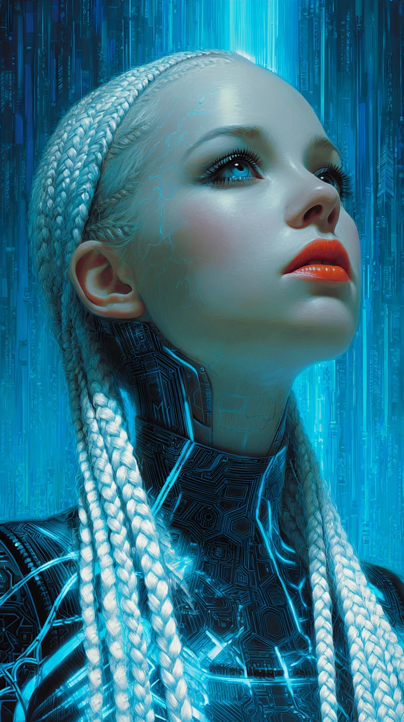 Ragazza androide cyberpunk con trecce al neon in città digitale