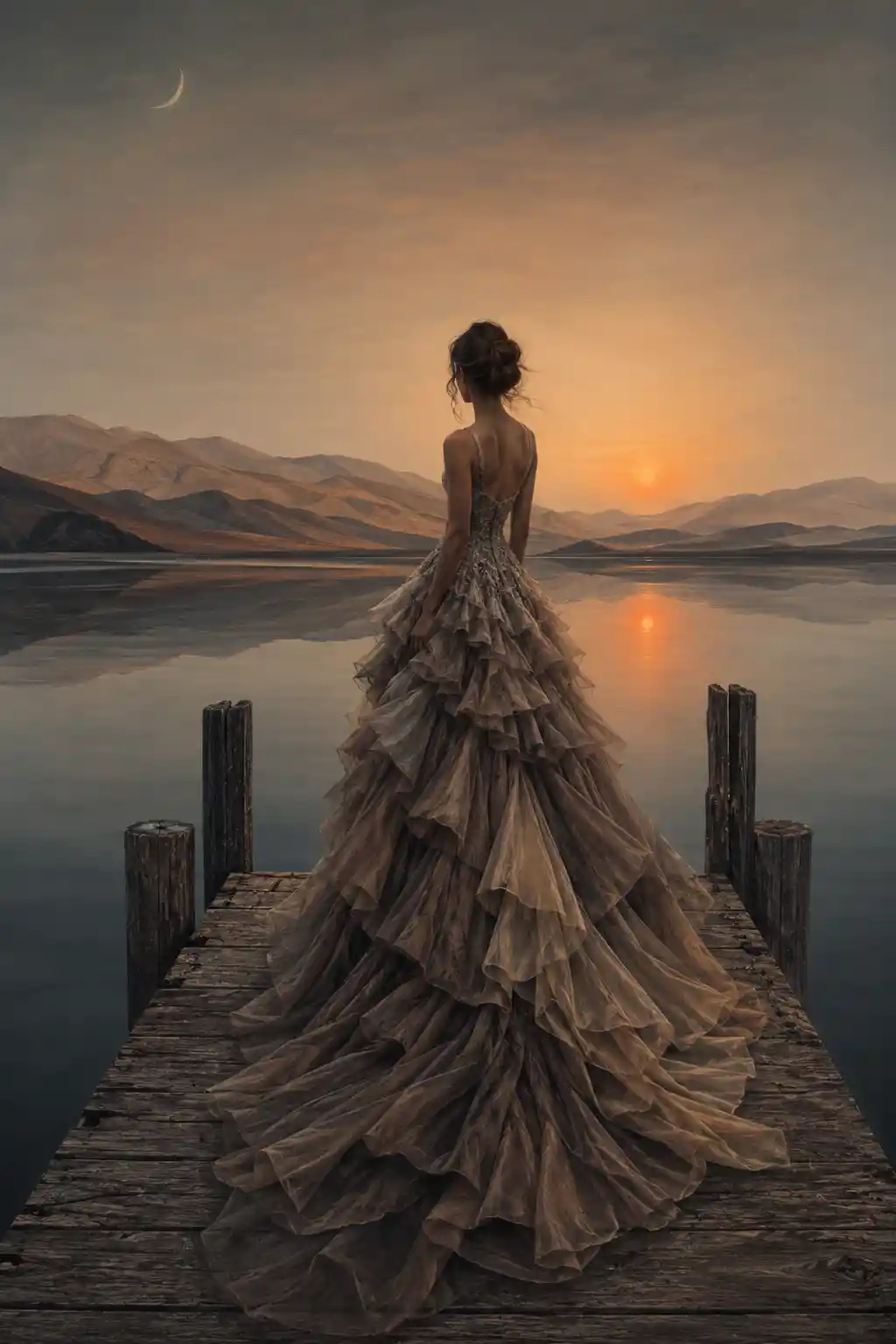Elegant woman in ruffled evening gown by a quiet lake