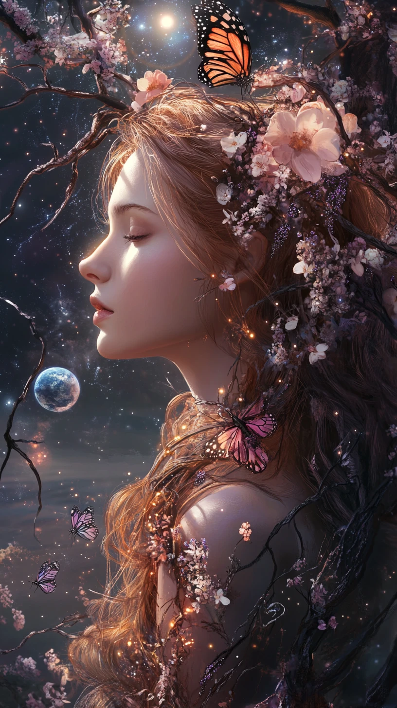 Ethereal Woman In Profile Against A Cosmic Floral Horizon