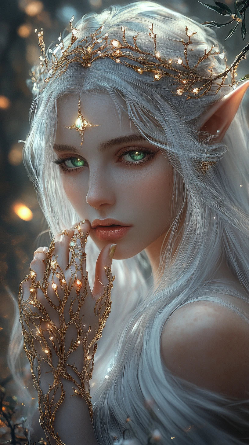 High elf woman in golden armor in an enchanted forest
