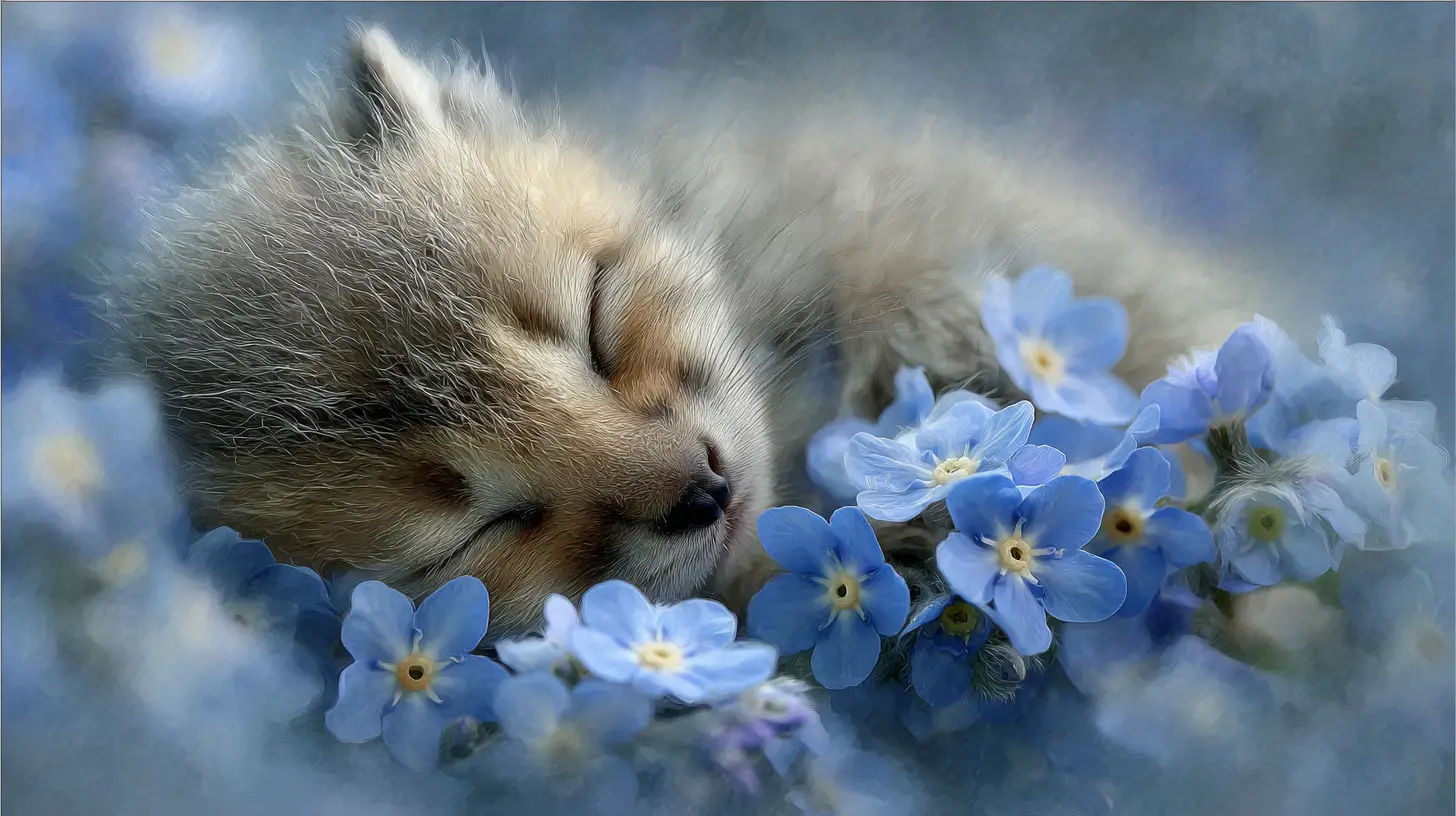 Ethereal being sleeping within a sky blue flower