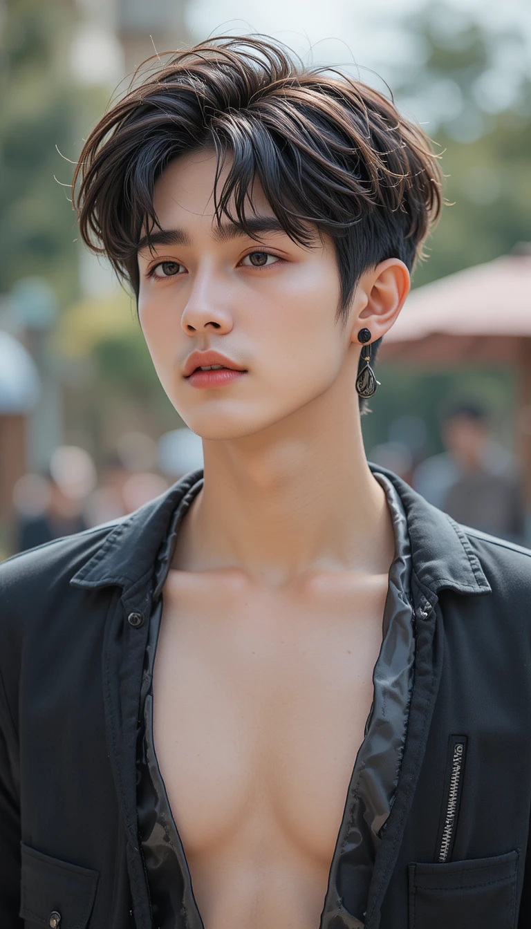Stylish young man portrait with open neckline outdoors