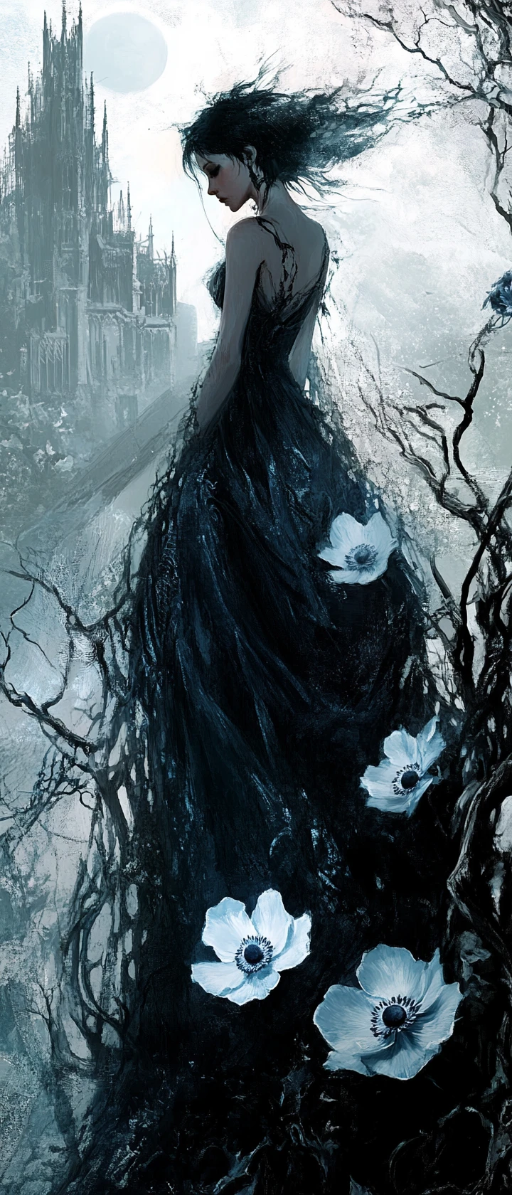 Woman in gothic gown on ancient stone stairs at night