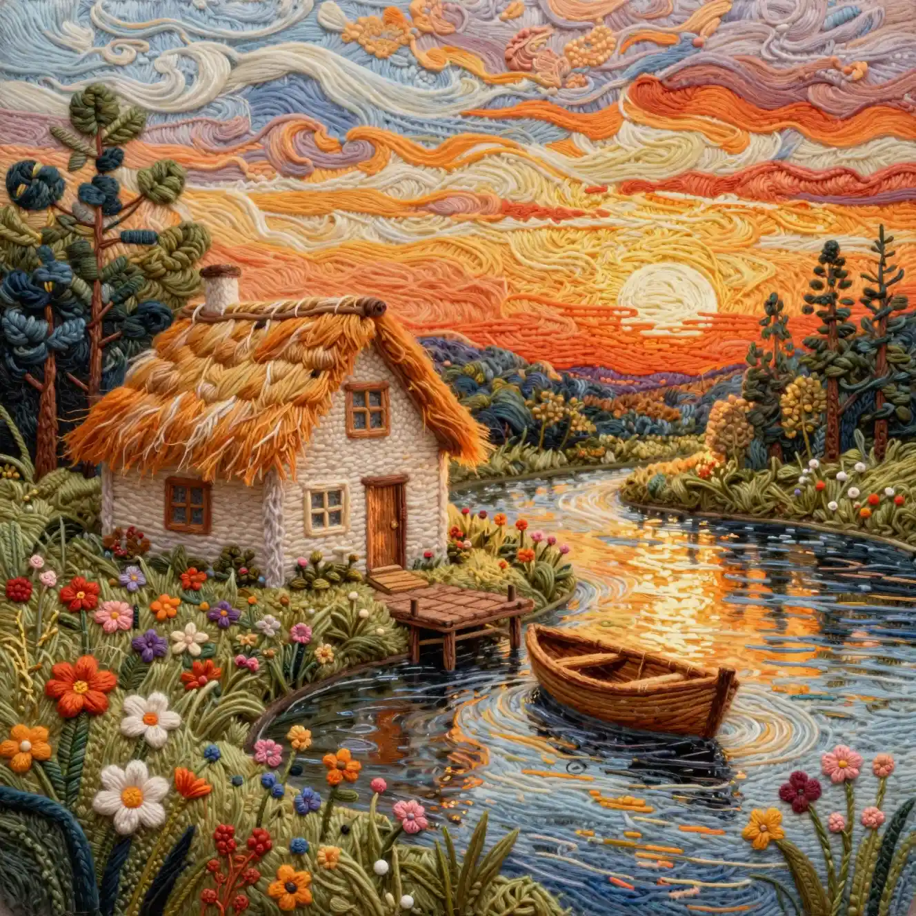 Cozy Woolen Riverside Cabin In Glowing Sunset Light