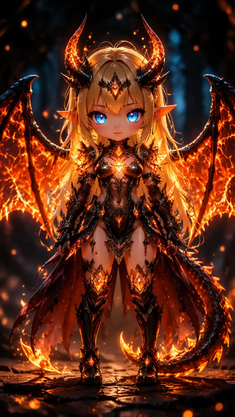 Chibi demon girl in glowing armor with fiery dragon wings