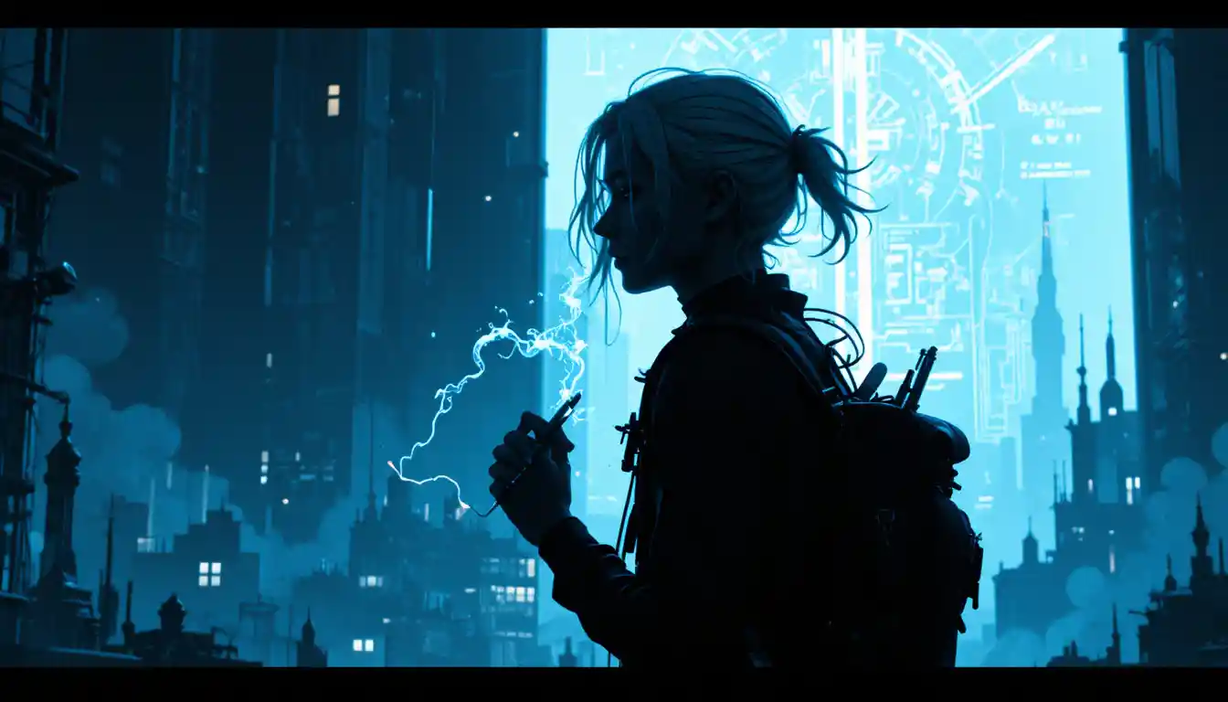 Silhouetted boy with stylus before a futuristic city glow