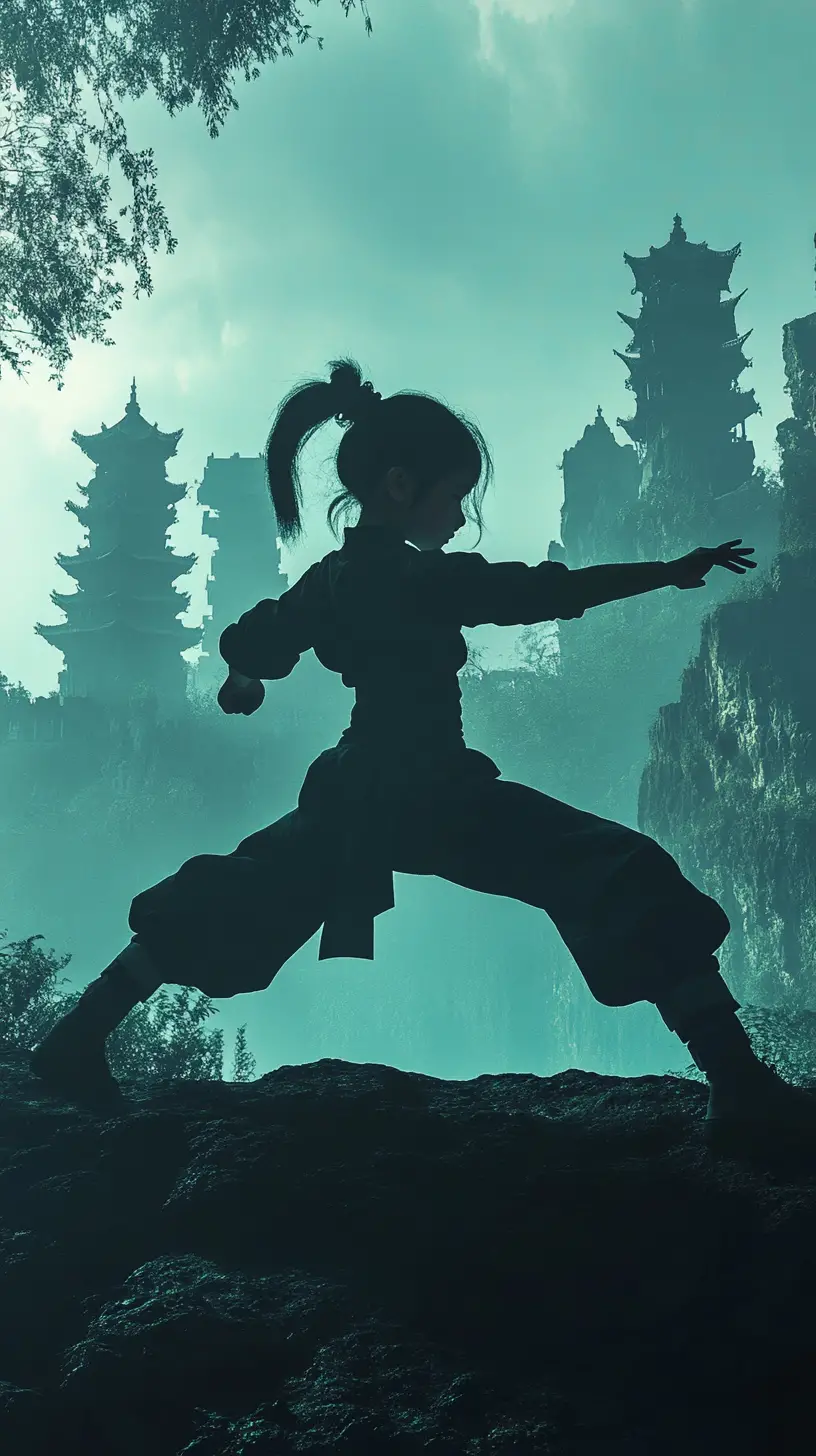 Martial arts girl silhouette on misty mountain temple peak