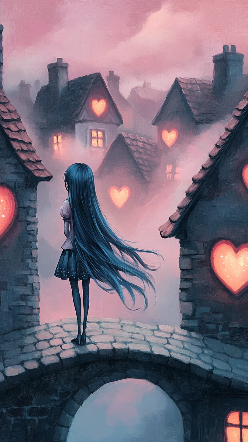 Chica de anime en un puente en un pueblo romántico al amanecer