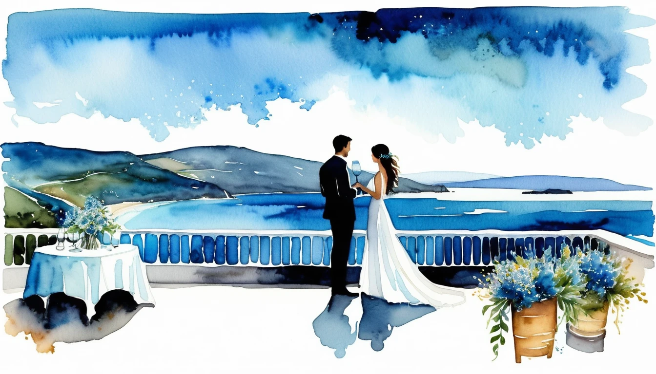 Romantic couple toasting on ocean terrace wedding scene