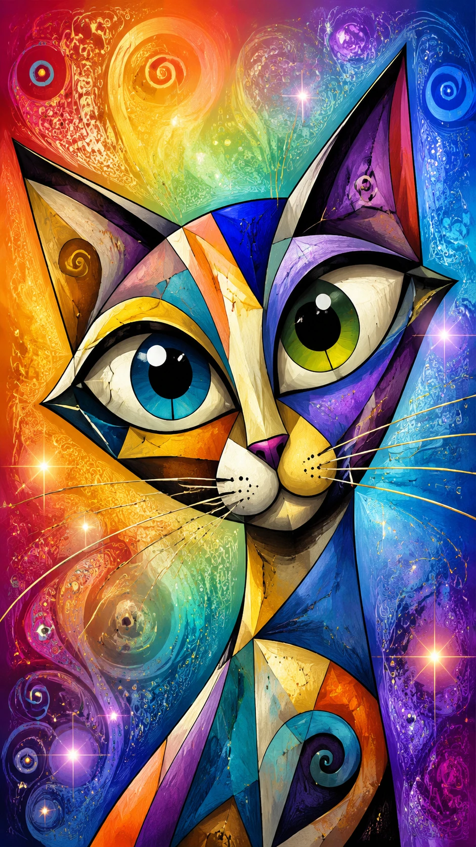 Playful cubist cartoon cat close up on rainbow background