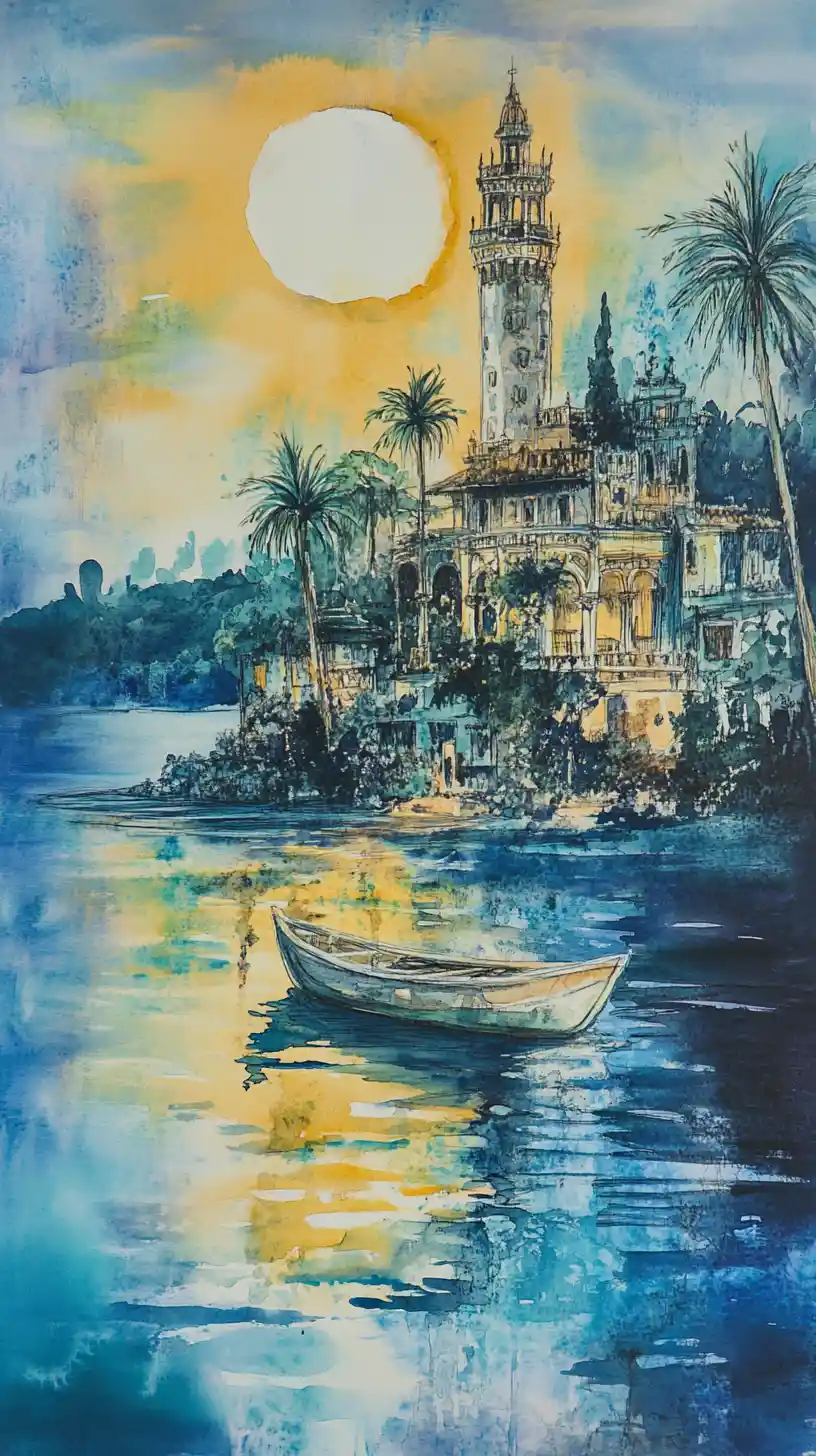 Watercolor night scene of a tranquil seaside palace village