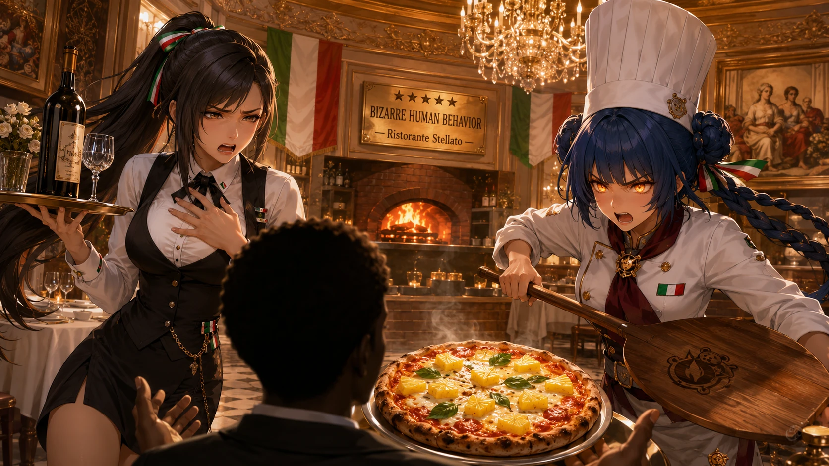 Anime waitress and chef arguing over pineapple pizza order
