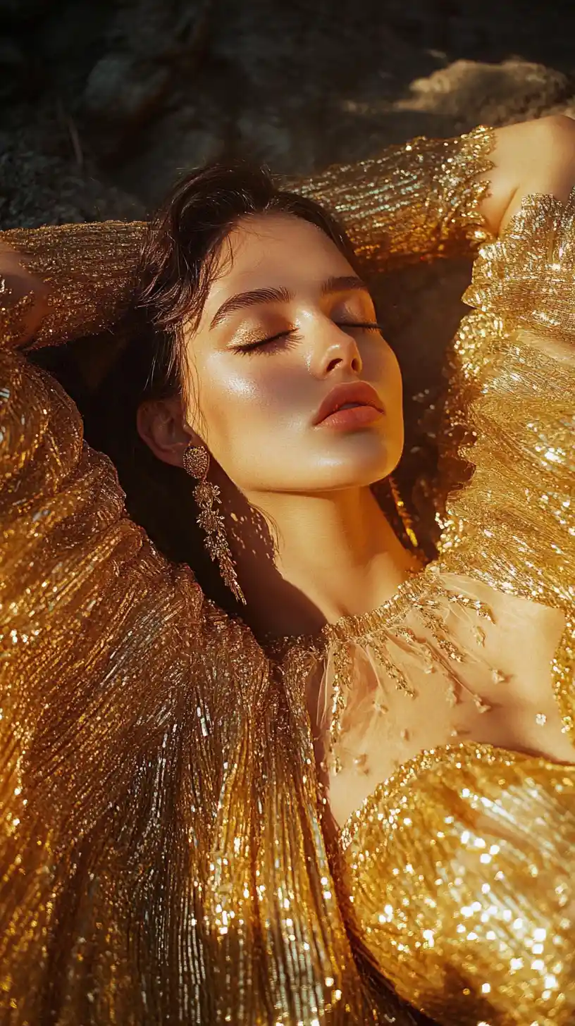Golden dress fashion model with captivating close up gaze