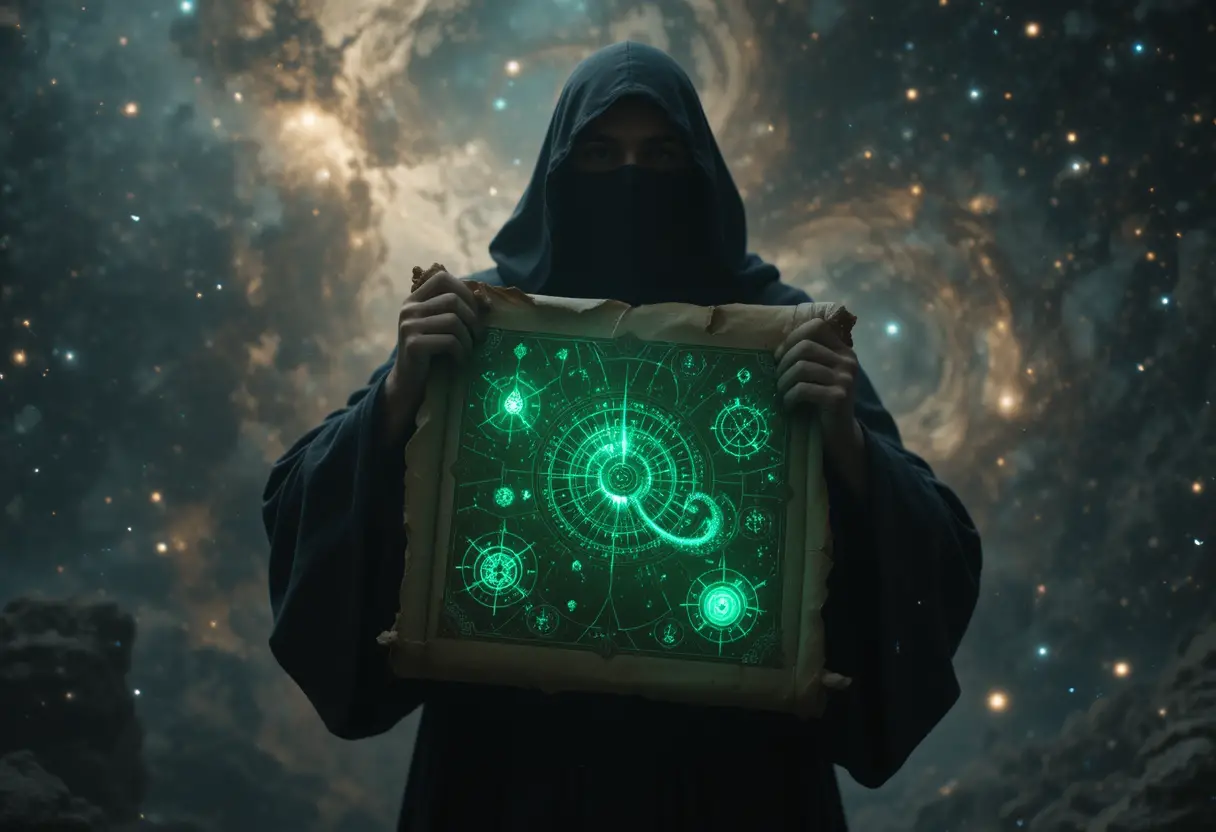 Dark monk with glowing scroll in a deep cosmic void