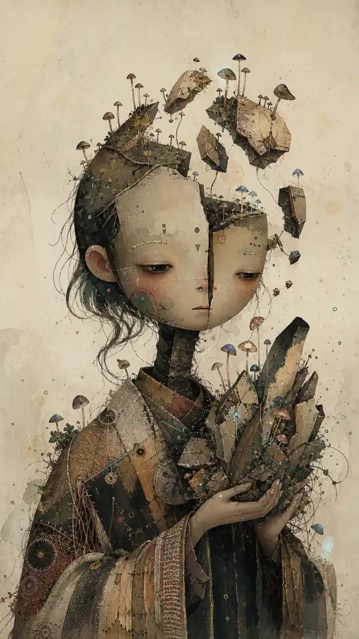 Melancholic girl face dissolving into floating mushroomed fragments