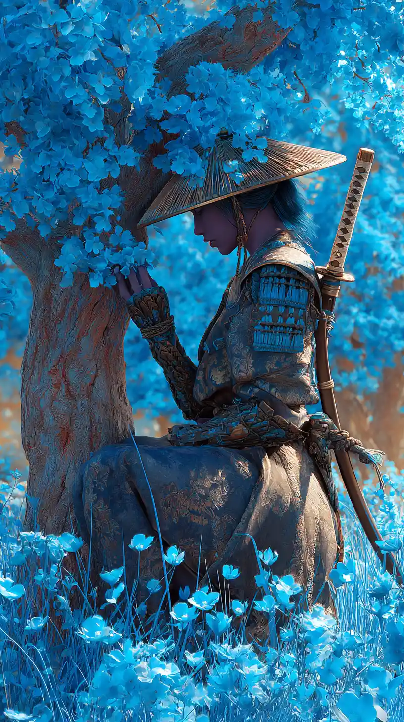 Melancholic samurai woman in blue flower field at sunset