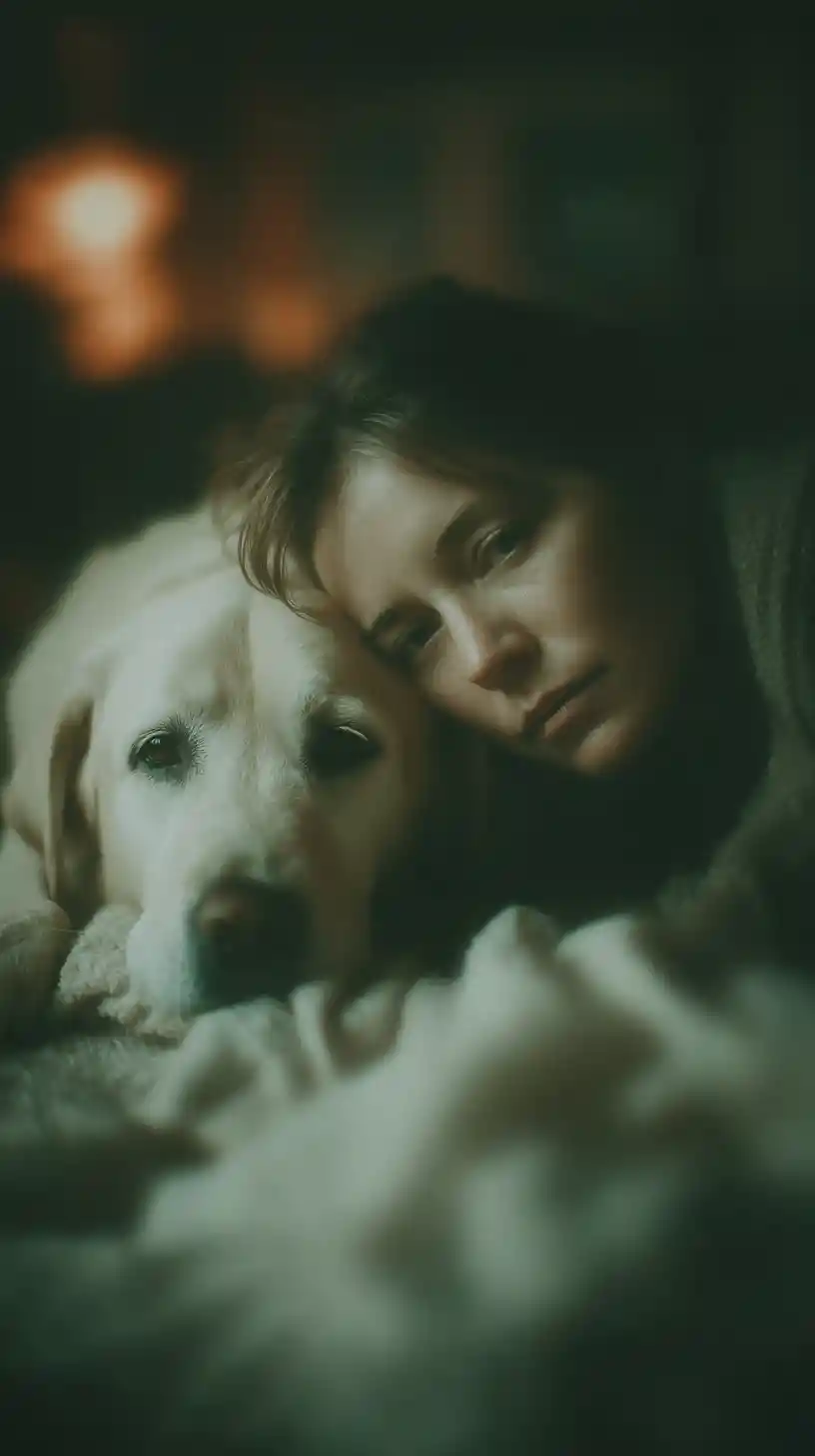 Woman lying beside her sick dog in quiet devotion