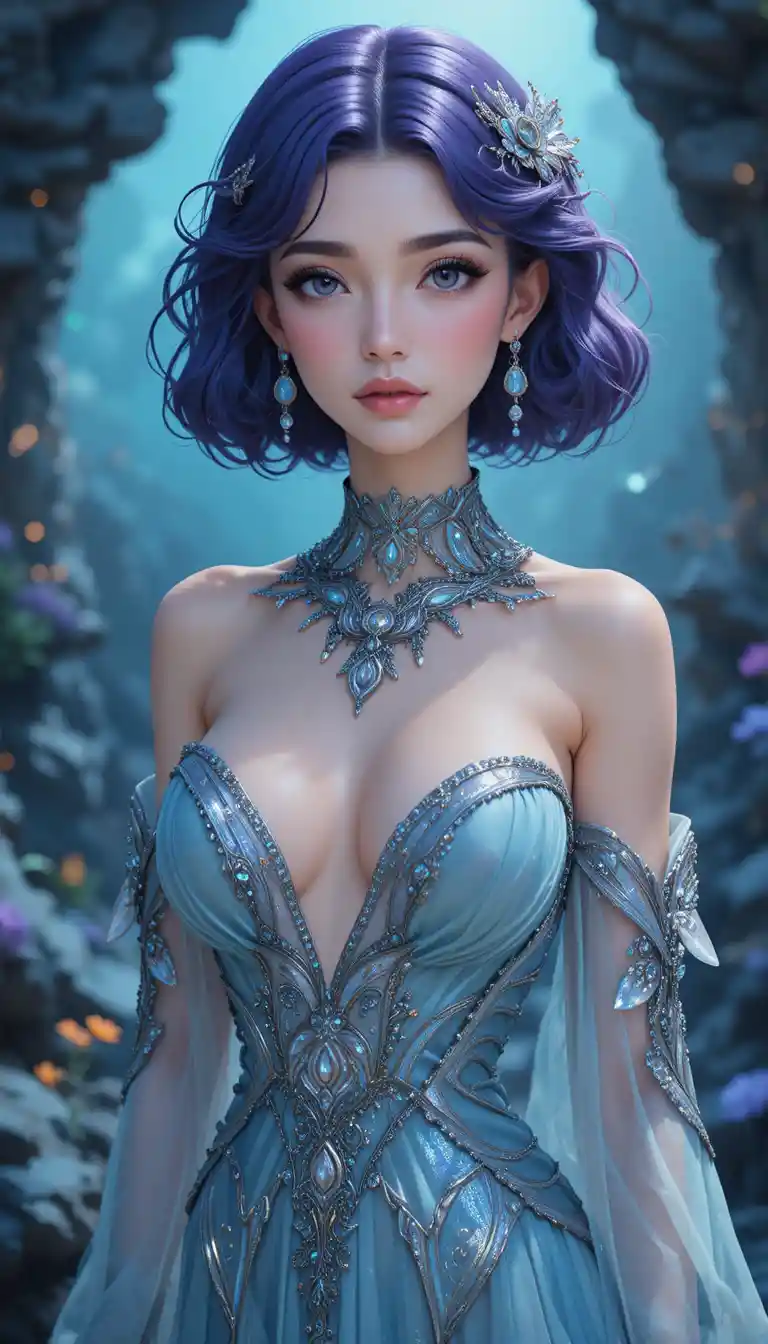Elegant anime mermaid nymph woman in flowing oceanic attire