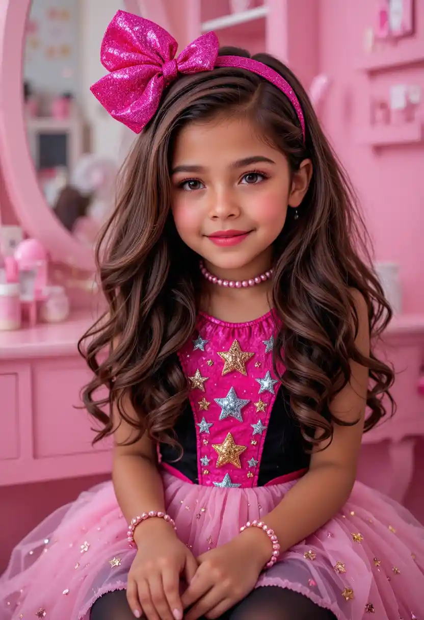 Shy tween girl in pink dress at a vanity mirror