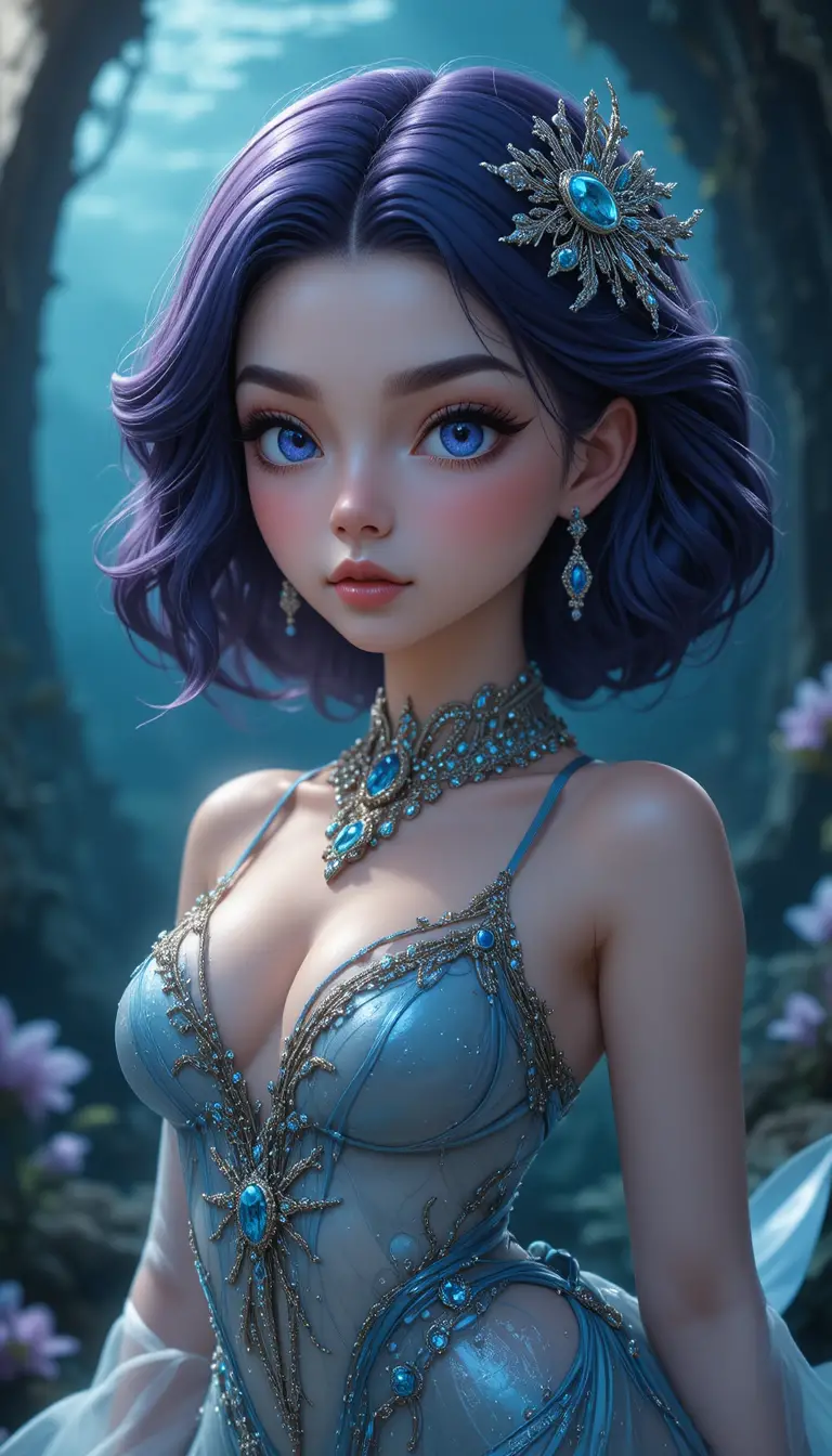 Elegant anime mermaid nymph woman in flowing oceanic attire