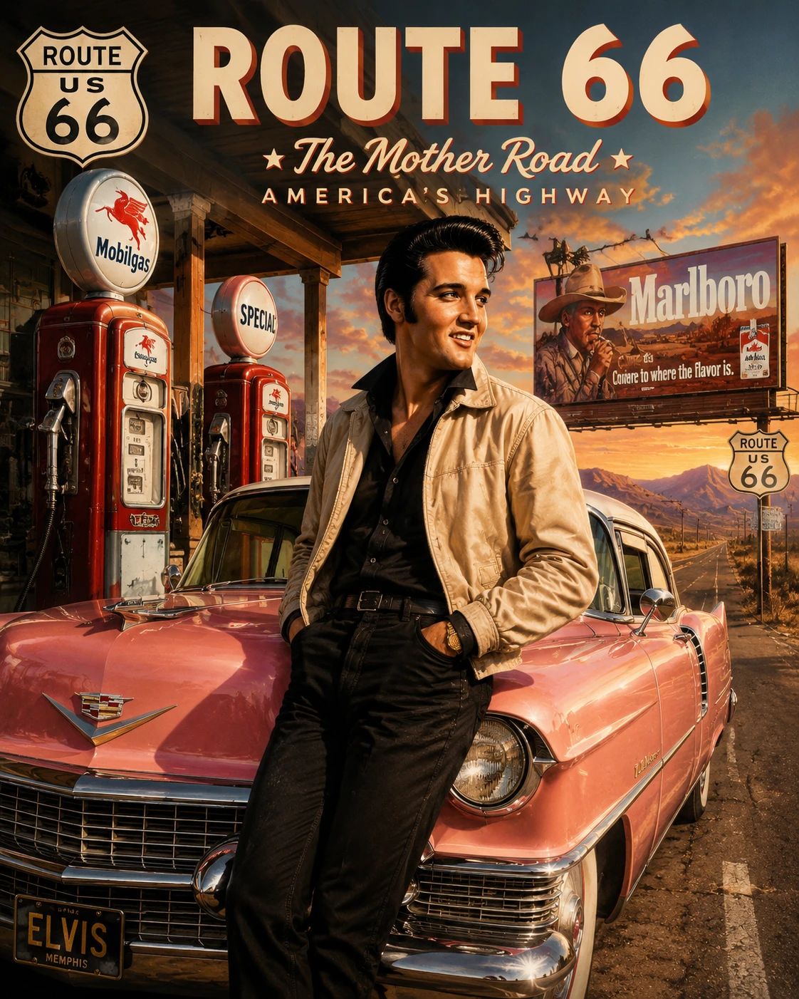 Vintage gas station with pink Cadillac at golden hour