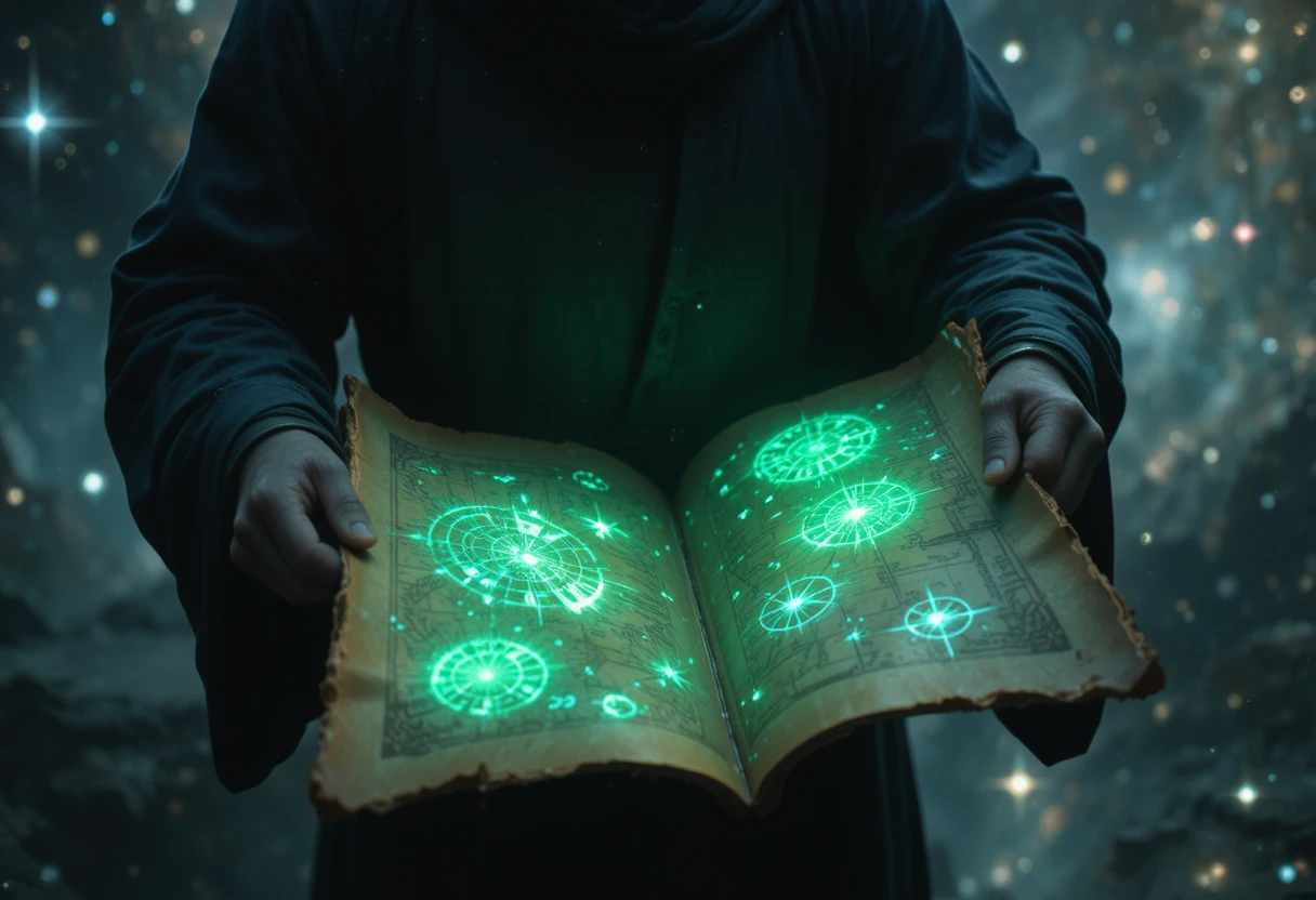 Dark monk holding glowing scroll in deep galaxy