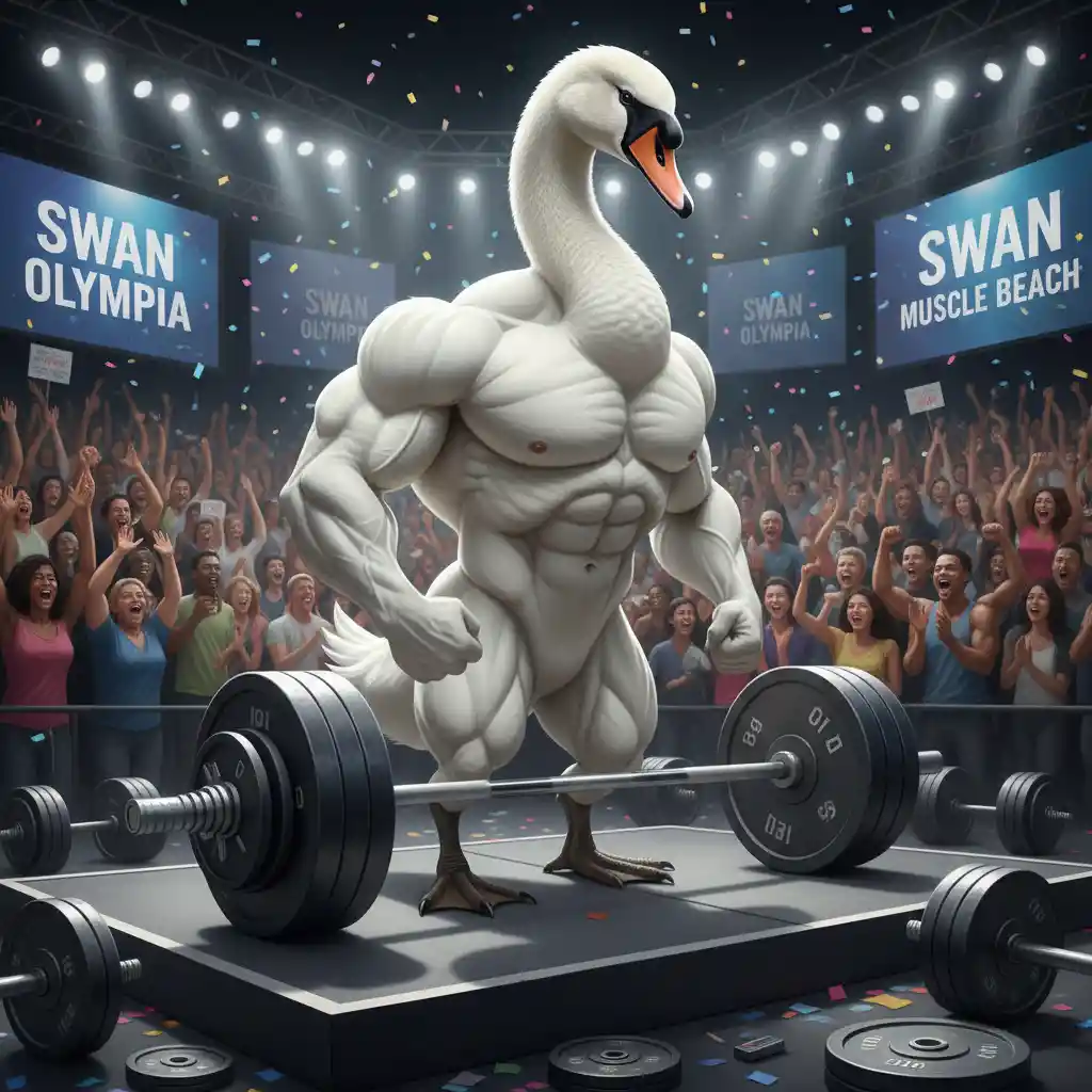 Muscular swan posing proudly on a weightlifting stage