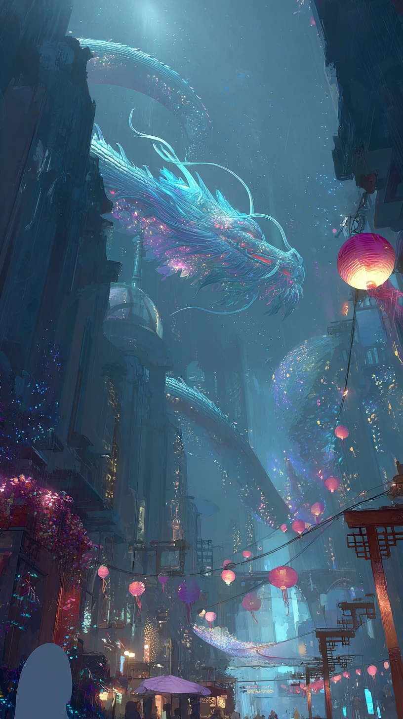 Cinematic aerial view of a dragon over neon cyberpunk city